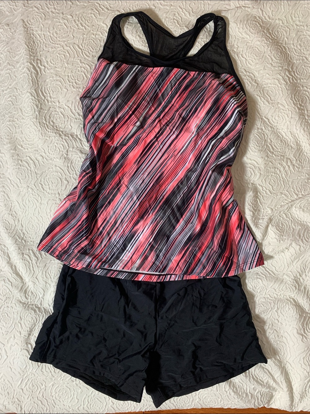 NWT YONIQUE Pink & Black Striped Tankini Top w/ Black Swim Shorts, Size L